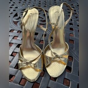 Bcbgmaxazria gold snake skin print sandals. Size 8